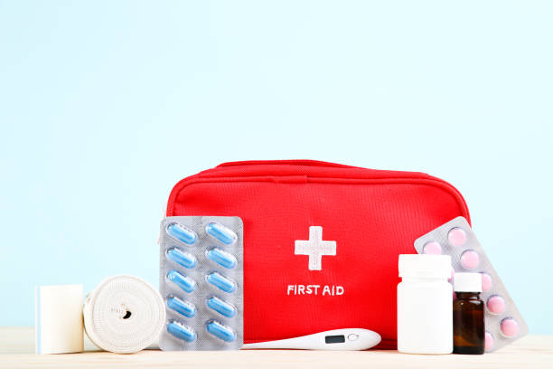 istock First aid kit with medical supplies on mint background 2066236599