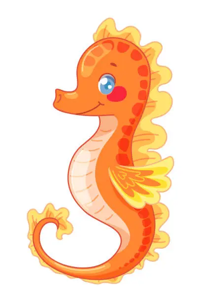 Vector illustration of Cute baby seahorse in orange on white background isolated. Vector illustration of sea life in childish style for prints, textiles, clothes, baby shower