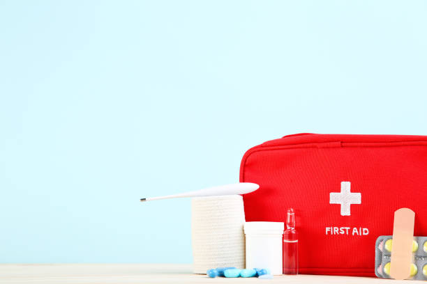 istock First aid kit with medical supplies on mint background 2066243406