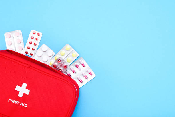 istock First aid kit with colorful pills on blue background 2066244993