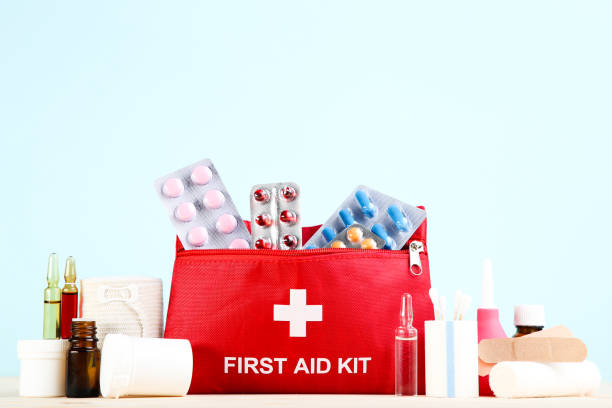 istock First aid kit with medical supplies on mint background 2066260851