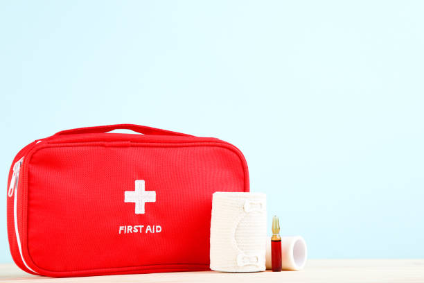 istock First aid kit with medical supplies on mint background 2066263525