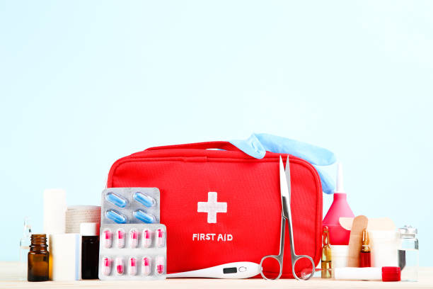 istock First aid kit with medical supplies on mint background 2066268934