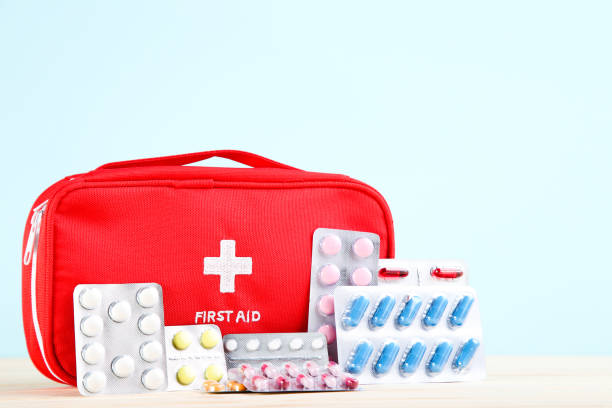 istock First aid kit with colorful pills on mint background 2066271514