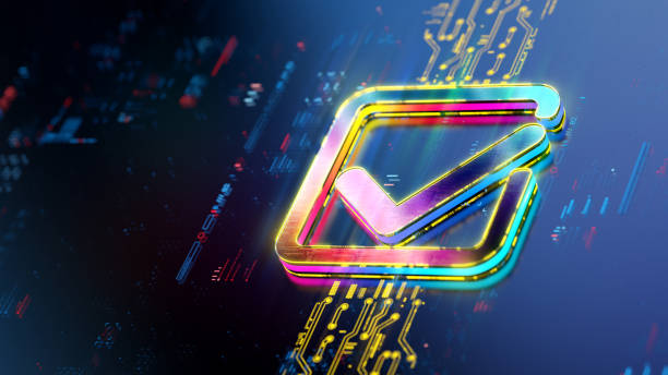 Glowing check mark icon on digital background. Productivity and rating evolution. Futuristic checkmark icon in world of technological progress and innovation. CGI 3D render