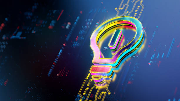 istock Glowing digital light bulb on digital background. New ideas evolution. Futuristic light bulb icon in world of technological progress and innovation. CGI 3D render 2066272044