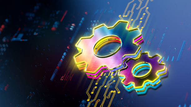 Glowing digital gears on digital background. Productivity evolution. Futuristic gears шсщт in world of technological progress and innovation. CGI 3D render Glowing digital gears on digital background. Productivity evolution. Futuristic gears шсщт in world of technological progress and innovation. CGI 3D render high quality technology stock pictures, royalty-free photos & images