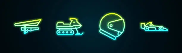 Vector illustration of Set line Hang glider, Snowmobile, Helmet and Formula 1 racing car. Glowing neon icon. Vector