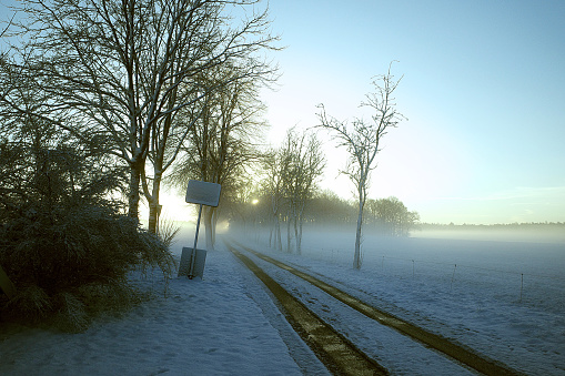 Winter magic. Snow in the morning. A country road, a meadow covered in snow, blue sky and a strip of morning fog. In a rural area in western Germany