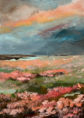 Original painting showing marshland with flowers and thunderstorm approaching.