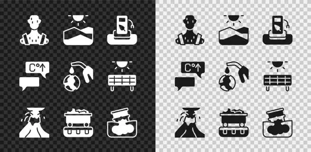 Vector illustration of Set High human body temperature, Drought, Petrol or gas station, Volcano eruption with lava, Coal train wagon, Barrel oil leak, Global warming and Gas pump nozzle and globe icon. Vector