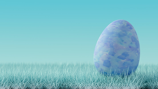Happy Easter, painted eggs on grass meadow background with copy space, 3d render.