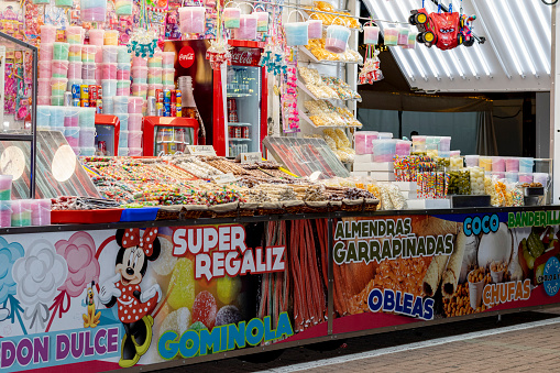 Stall with colorful candies at the Christmas market - Valladolid - Spain