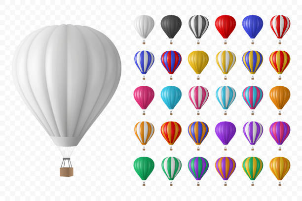 ilustraciones, imágenes clip art, dibujos animados e iconos de stock de conjunto de iconos de globos aerostáticos realistas vectoriales en 3d, aislados. ilustración vectorial de un avión inflable para viajar, aventura de vuelo, vista frontal. globos aerostáticos de diferentes colores - globo aerostático
