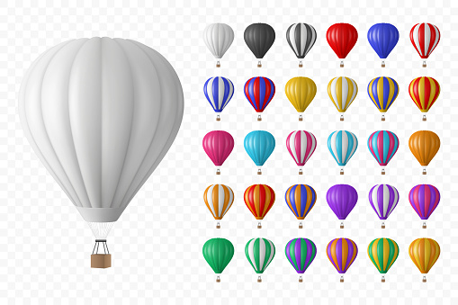 Vector 3d Realistic Hot Air Balloon Icon Set, Isolated. Vector Illustration of an Inflatable Aircraft for Travel, Flight Adventure, Front View. Hot Air Balloons in Different Colors.