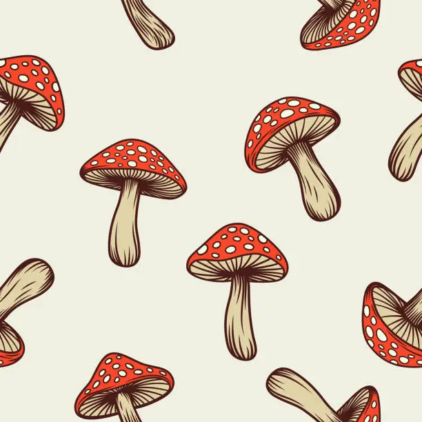 Vector illustration of Vector Seamless Pattern with Hand Drawn Cartoon Mushrooms on a White Background. Amanita Muscaria, Fly Agaric Mushroom Design Template. Seamless Vegetable Print with Magic Mushroom