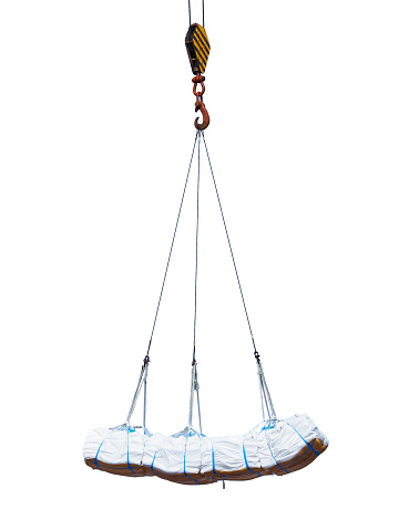 Crane hook lifting bags of cargo isolated on a transparent background. Cargo shipping element.