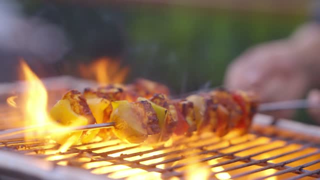 Cooking Kebabs on Flaming Grills - Close Up