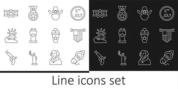 Vector illustration of Set line Firework, American flag, Sheriff cowboy, Stage stand tribune, Statue of Liberty, Star military, Ice cream in waffle cone and Medal with star icon. Vector