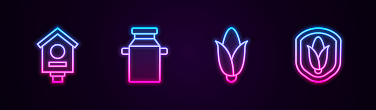 Set line Bird house, Can container for milk, Corn and Shield corn. Glowing neon icon. Vector.