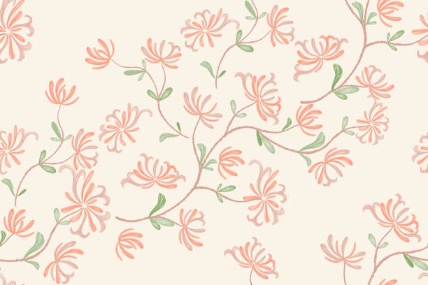 illustrations, cliparts, dessins animés et icônes de cadre de bordure de fond sans couture à motif de fleur rose. illustration vectorielle dessinée à la main pêche rose chèvrefeuille floral avec des feuilles de branches. - honeysuckle pink