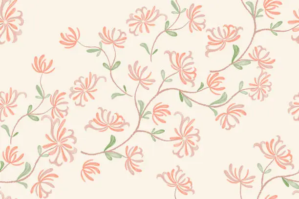 Vector illustration of Pink flower pattern seamless background border frame. Vector illustration hand drawn peach pink honeysuckle floral with branches leaves.