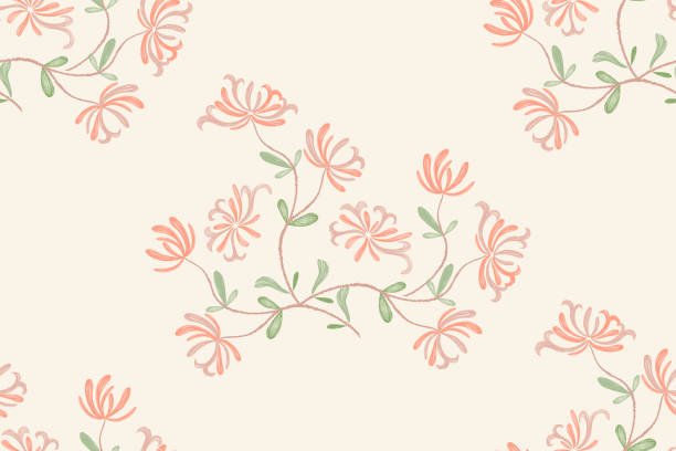 illustrazioni stock, clip art, cartoni animati e icone di tendenza di cornice del bordo dello sfondo senza soluzione di continuità del motivo floreale rosa. illustrazione vettoriale disegnata a mano caprifoglio rosa pesca floreale con foglie di rami. - rose flower pink honeysuckle pink