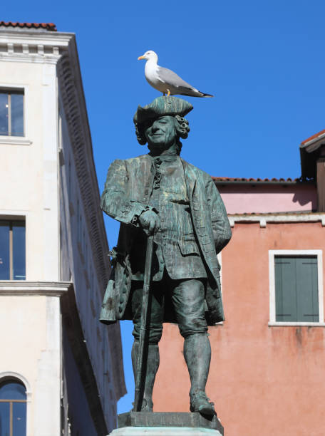 statue von goldoni carlo und einem seevogel auf dem kopf - carlo goldoni stock-fotos und bilder
