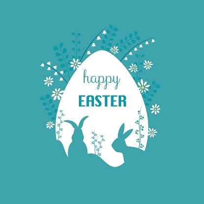 Happy easter template with emerald background, white egg, rabbits and flowers. Vector illustration. Design layout for invitation, card, menu, flyer, banner, poster, voucher. Minimalistic design.
