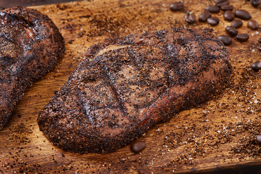 Coffee Dry Rubbed Boneless Rib Eye Steaks with coffee, paprika, garlic and onion powder, salt, pepper and cumin