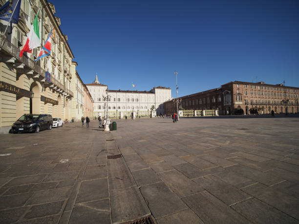 piazza castello square in turin - palazzo reale turin stock-fotos und bilder