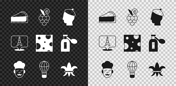 Set Cherry cheesecake slice Grape fruit French man Cook Hot air balloon Fleur De Lys Eiffel tower and Cheese icon. Vector.