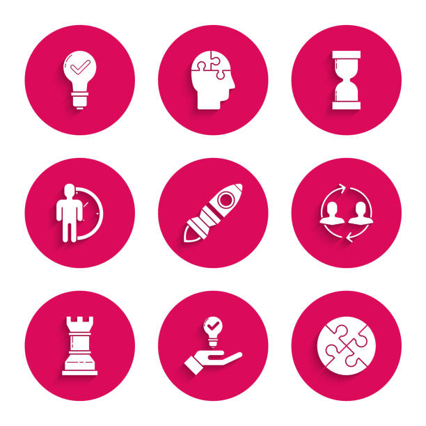 ilustrações de stock, clip art, desenhos animados e ícones de set rocket ship with fire, light bulb in hand, piece of puzzle, human resources, business strategy, time management, old hourglass flowing sand and check mark icon. vector - chess pink strategy glass