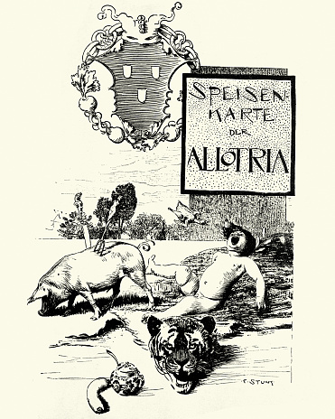 Vintage illustration, Speisekarte der Allotria, Tomfoolery, German, Jugendstil, Art Nouveau, 1890s, 19th Century.