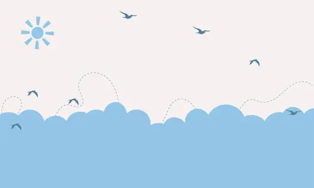 Vector illustration of Cute kawaii pastel sky cloudy landscape with birds