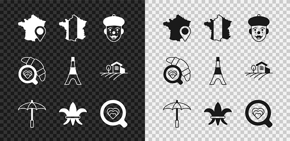 Set Map of France French mime Umbrella for beach Fleur De Lys Coffee cup with croissant and Eiffel tower icon. Vector.