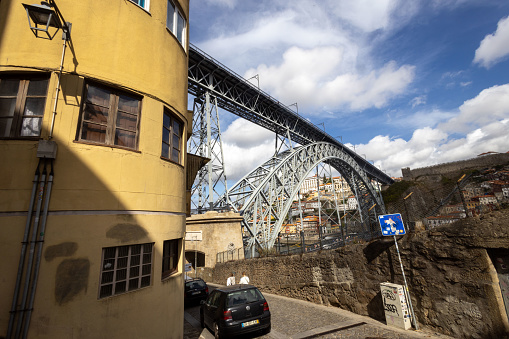 Porto Portugal - 5 September 2023 - At the bottom of the Ponte Luis I bridge on the Douro River - bridge overview