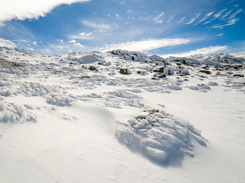 Snowy winter landscape in winter in high mountains. Sierra de Béjar, Spain