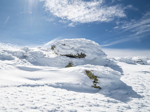 Snowy winter landscape in winter in high mountains. Sierra de Béjar, Spain