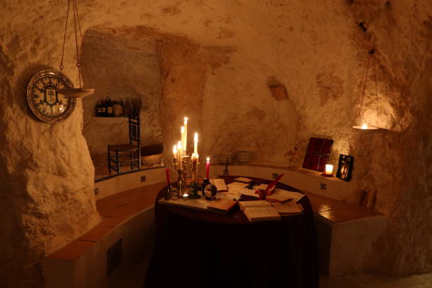 Villena, Alicante, Spain, March 5, 2024: Cave house studio of the painter Juan Monzon Gasca. Villena, Alicante, Spain