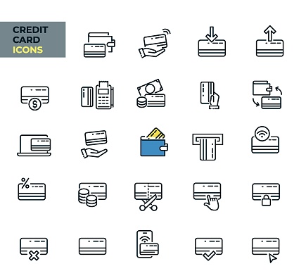 Credit Card web icons in line style. Money, cash, payment, pay pass, collection. Vector illustration