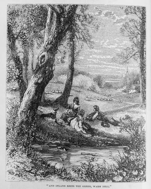 Illustration from Harper's Magazine Volume XLV -June to November 1872  :-   Pastoral scene of three young adults relaxing on the grass by a stream on a summer day with sheep and a church steeple in the background