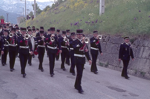 Sisteron, Provence-Alpes-Côte d’Azur, southern France, 1974. Fire brigade music band at a festival in Sisteron.