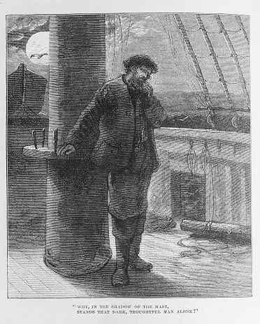 Illustration from Harper's Magazine Volume XLV -June to November 1872  :- A man, deep in thought, stands  alone on the deck of a sailing ship in the shadow of the mast on a moonlit night.
