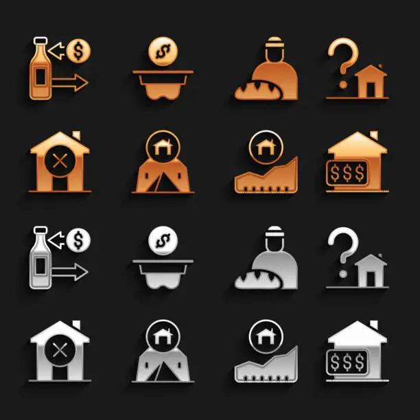 Vector illustration of Set Tourist tent, House with question mark, dollar, Rising cost of housing, No house, Feeding the homeless, Reception glass bottles and Donation money icon. Vector