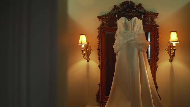 Beautiful white wedding dress. Close up of elegant wedding dress with sign of bride.