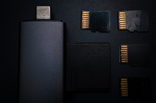 Metal USB card reader surrounded by SD cards.