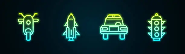 Vector illustration of Set line Scooter, Rocket ship with fire, Police car and flasher and Traffic light. Glowing neon icon. Vector