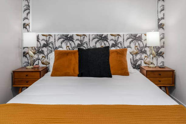 istock Bedroom interior with palm tree and flamingo theme 2066676610