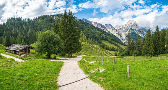 Bindalm mit Hütte und Wanderweg in das Klausbachtal, rechts das Mühlsturzhorn der Reiter Alm im Nationalpark Berchtesgaden